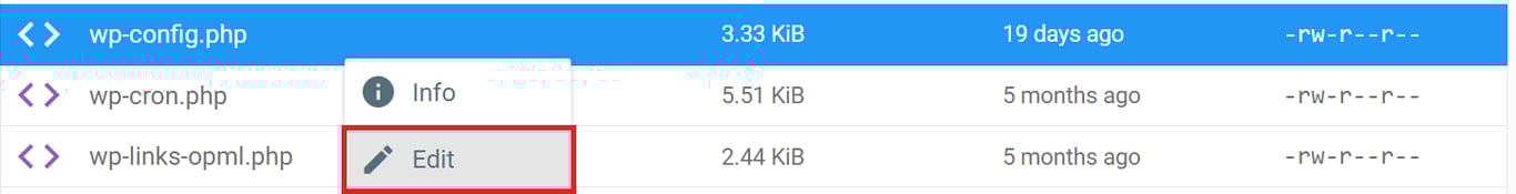 Der Edit-Button in der wp-config.php-Datei in hPanels Dateimanager