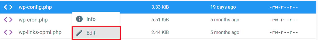Der Edit-Button in der wp-config.php-Datei in hPanels Dateimanager