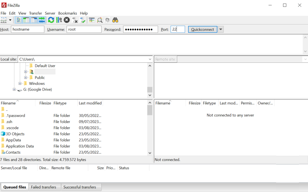 Filezilla SFTP-Client Haupt-Dashboard