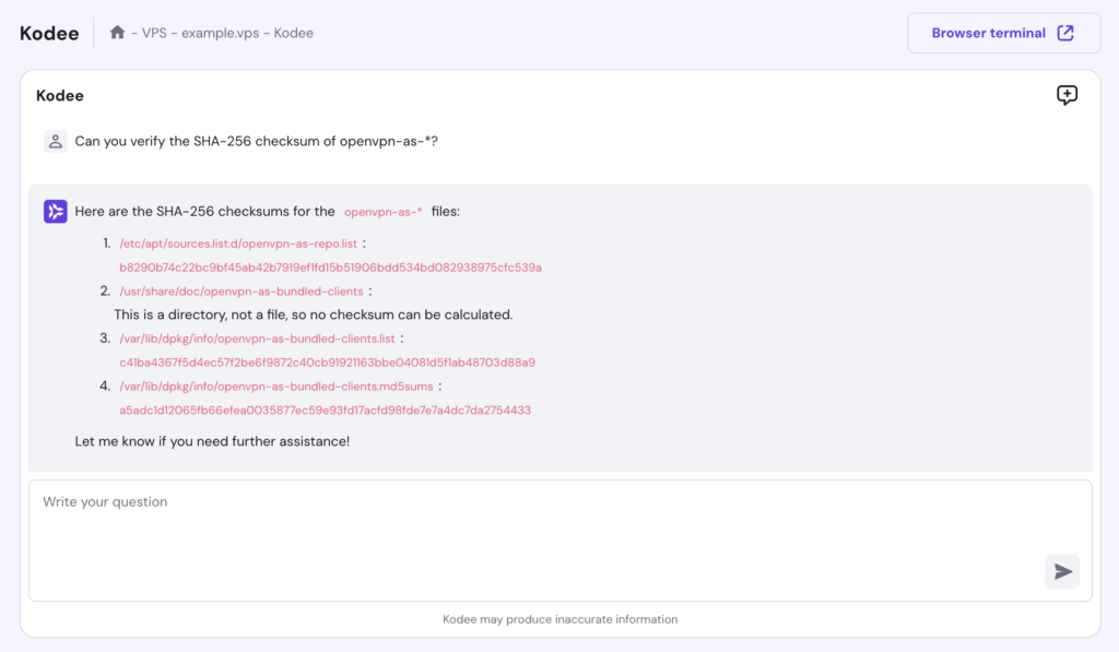 Kodee antwortet auf eine Frage zur Verifizierung der SHA-256-Prüfsumme des OpenVPN-Pakets