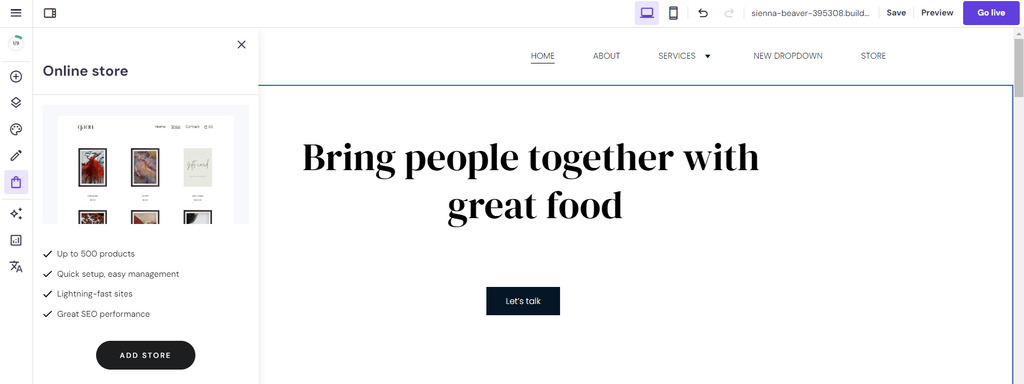 Die Benutzeroberfl&auml;che des Hostinger Website-Baukastens mit ge&ouml;ffnetem Tab &bdquo;Online-Shop&ldquo;