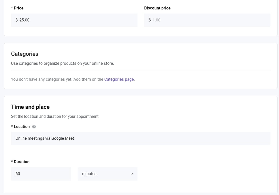 Die Felder zum Hinzufügen eines Produktpreises, eines Rabatts, von Kategorien, eines Standorts und einer Dauer im Hostinger Website Baukasten Store Manager
