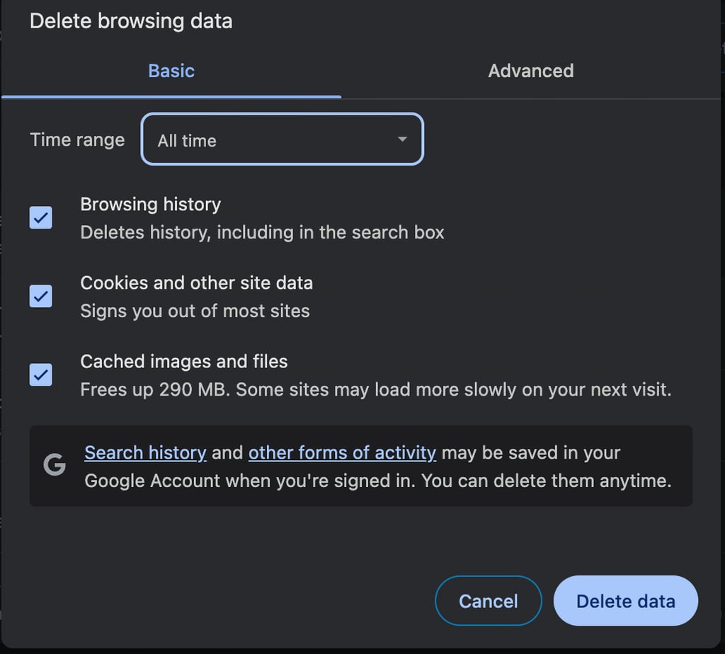 Google-Chrome-Menü „Cache löschen”