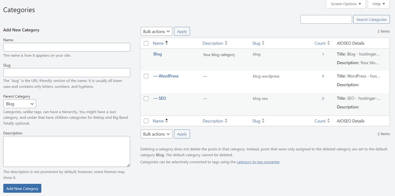 Kategieren im WordPress-Dashboard
