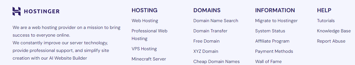 Interne Navigationslinks im Footer auf hostinger.com