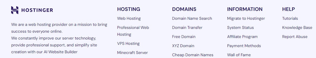 Interne Navigationslinks im Footer auf hostinger.com