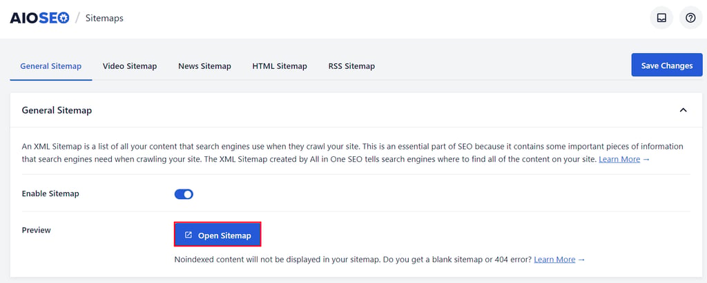 Sitemap öffnen in AIOSEO
