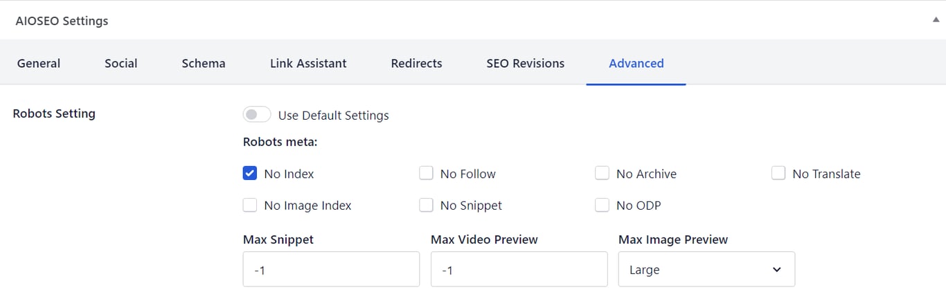 Robots-Einstellung in AIOSEO
