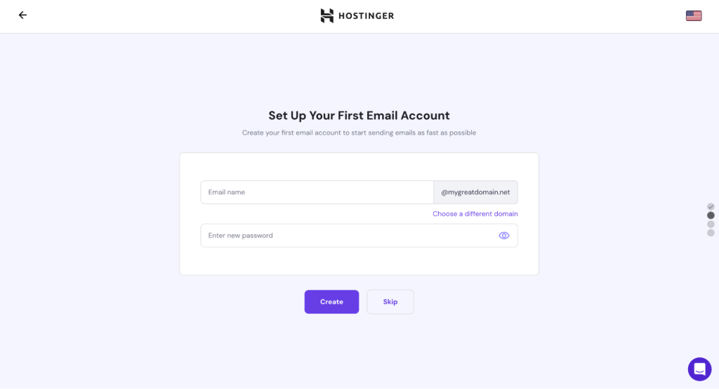 Bildschirm für die Einrichtung eines E-Mail-Kontos im Hostinger E-Mail-Einführungsprozess