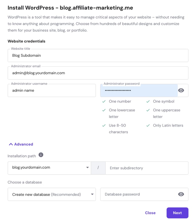Die WordPress-Installationseinstellungen in hPanel