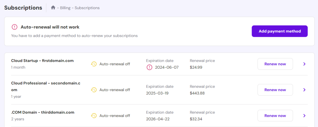Abonnements-Bereich im Hostinger hPanel