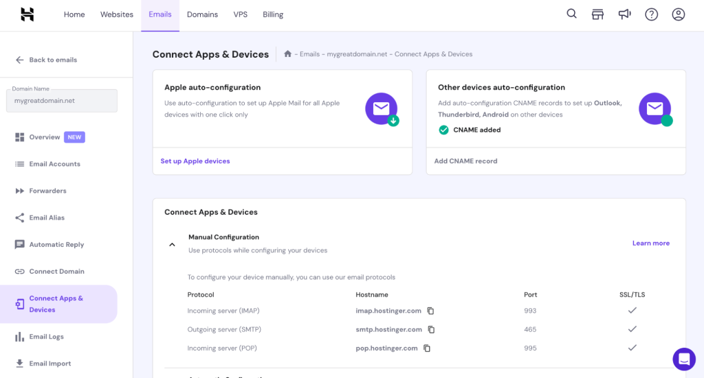 Menü „Apps und Geräte“ im Abschnitt „E-Mails“ von hPanel