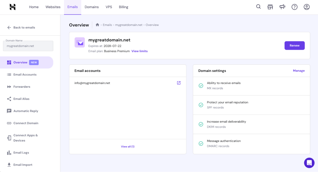 Die Registerkarte „Übersicht“ im Abschnitt „E-Mails“ von hPanel