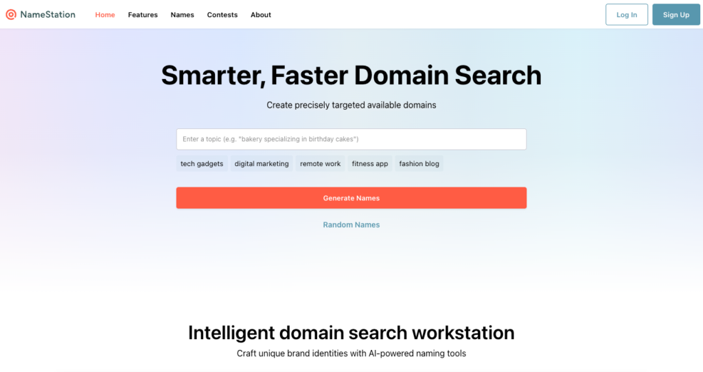 Landingpage des NameStation-Domainnamengenerators