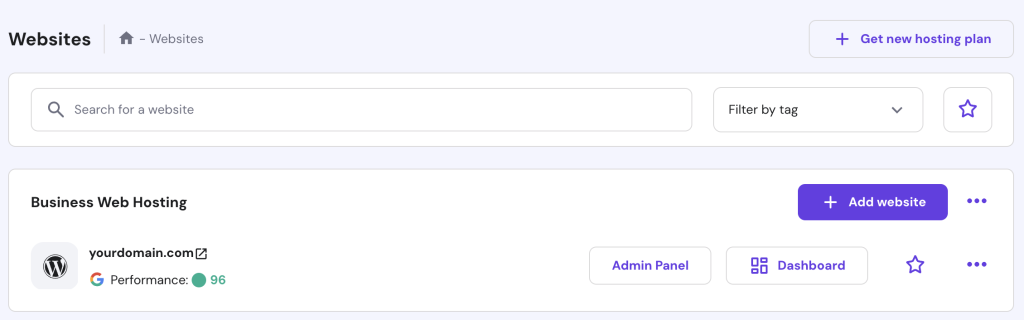 Der Abschnitt „Websites“ in hPanel