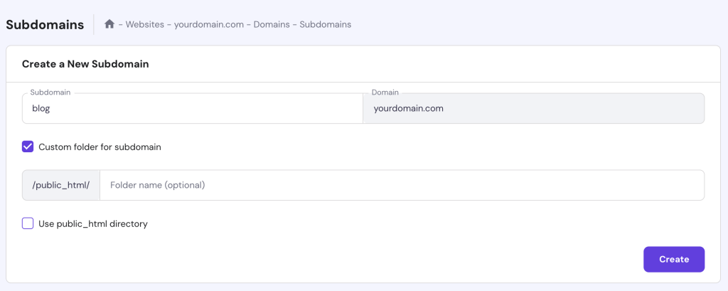 Der Abschnitt „Subdomains“ in hPanel