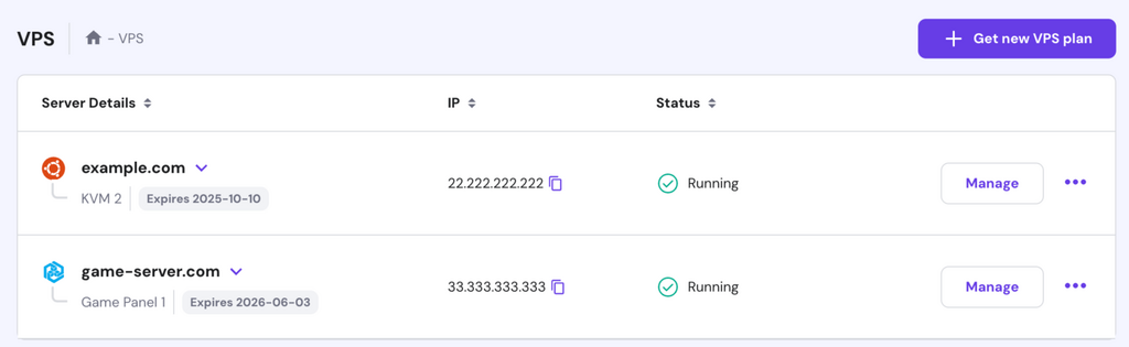 VPS-Planliste auf hPanel