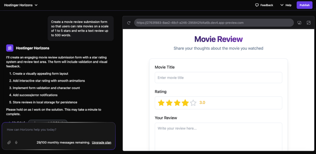 Ein Prompt, um zu demonstrieren, wie komplexe Ideen bei der Verwendung von Hostinger Horizons aufgebrochen werden können.