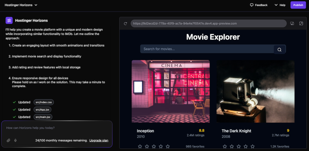 Hostinger Horizons erstellt eine Webanwendung, die sich an einer anderen Plattform orientiert.