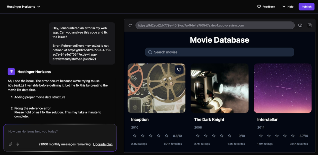 Hostinger Horizons behebt die angegebene Fehlermeldung.