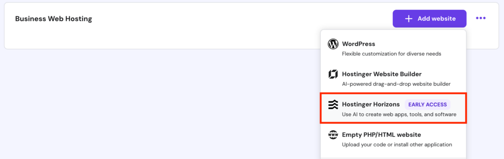 Das Hostinger Horizons-Menü in hPanel
