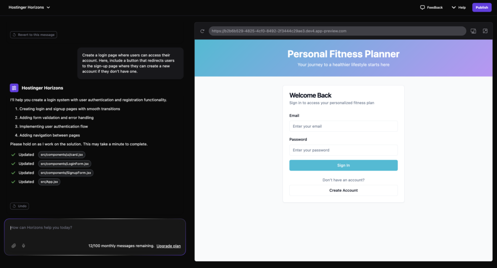 Hostinger Horizons erstellt eine Anmeldeseite für eine Web-App.