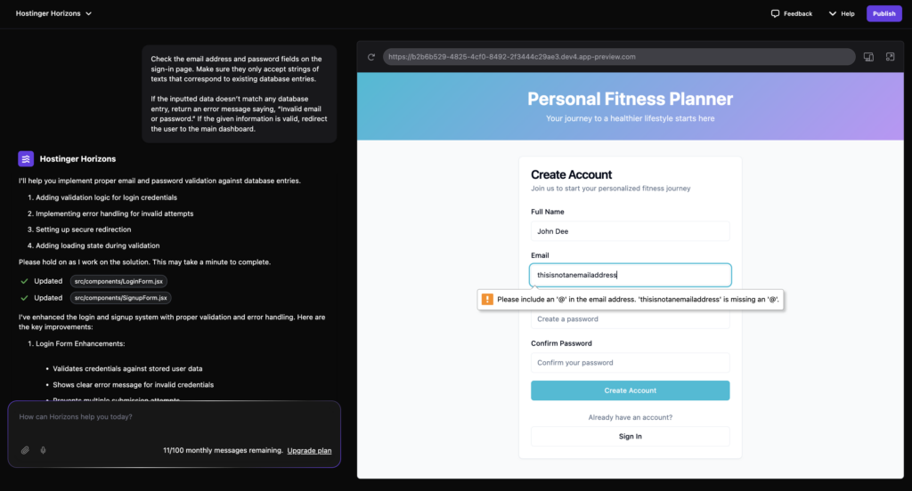Hostinger Horizons fügt eine Fehlerlogik hinzu
