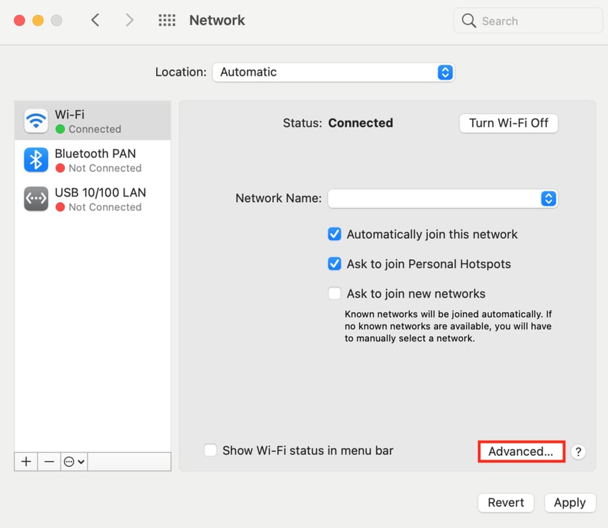 Zugriff auf erweiterte Netzwerkeinstellungen unter macOS.