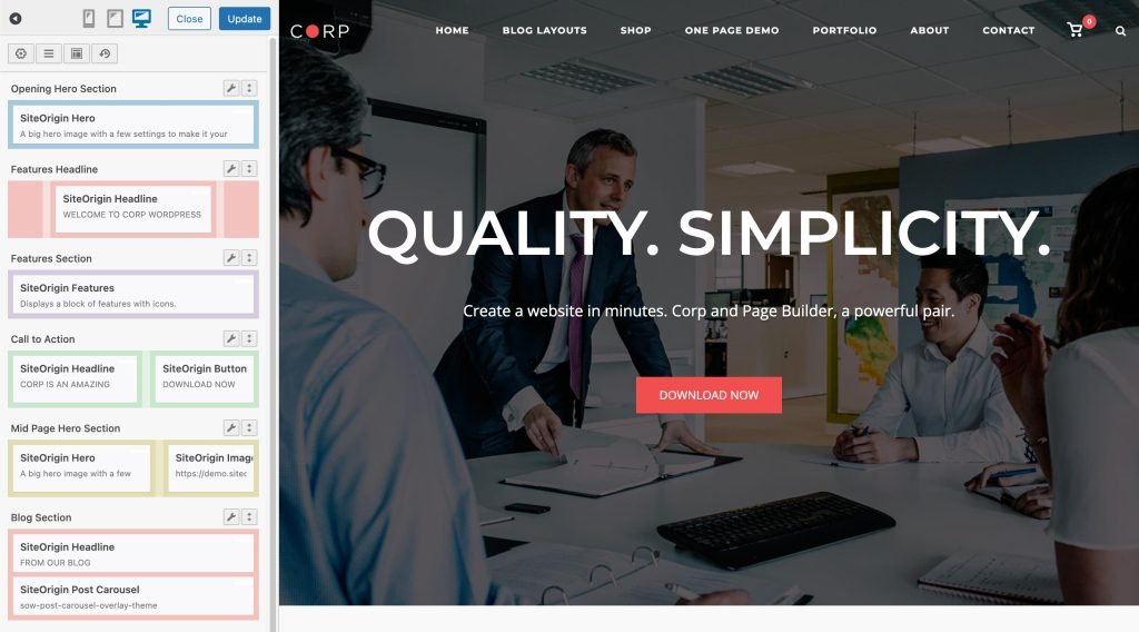 SiteOrigin Page Builder Live-Editor-Oberfl&auml;che
