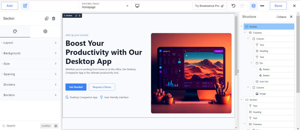 Breakdance Seiteneditor-Oberfl&auml;che
