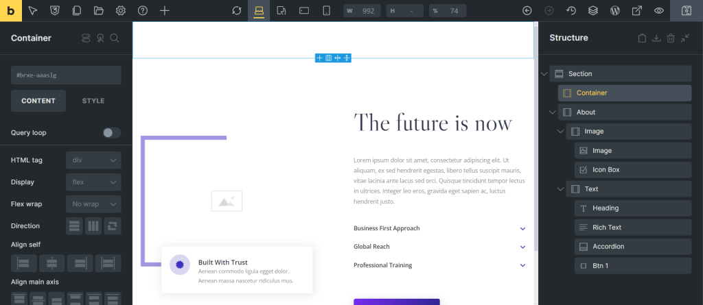 Bricks Builder Seiteneditor-Oberfl&auml;che
