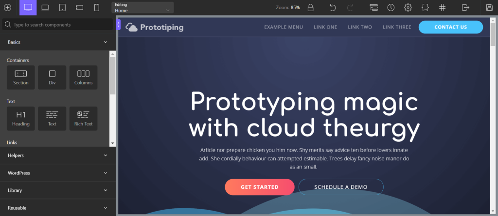 Die Benutzeroberfl&auml;che des Seiteneditors von Oxygen Builder
