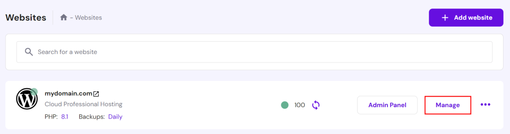 Bereich „Websites“ in hPanel, mit der Option zum Verwalten einer bestimmten Website