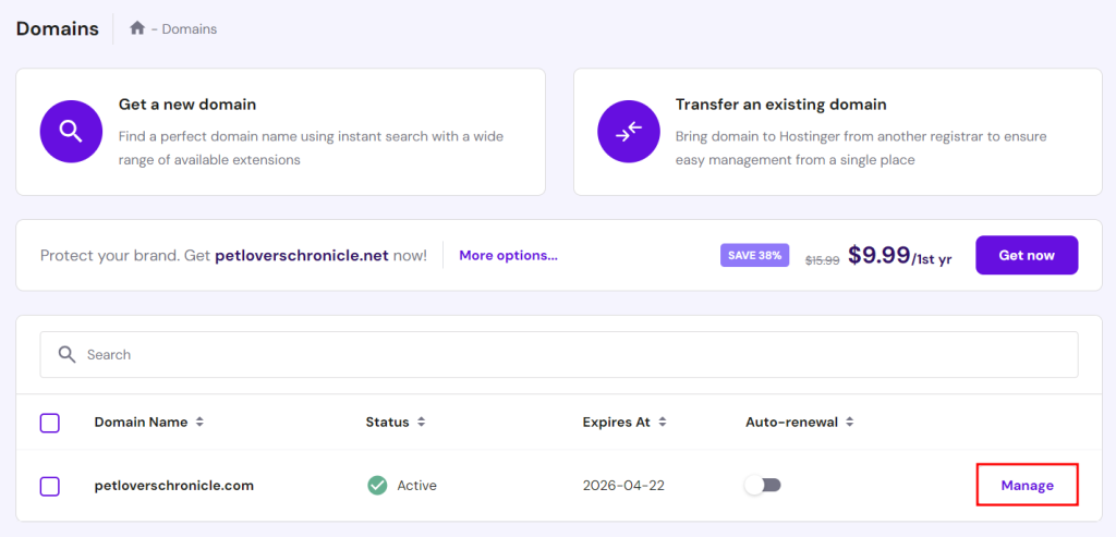 Domain-Bereich in hPanel, mit der Option zum Verwalten einer bestimmten Domain