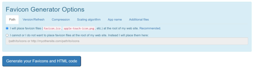 Optionen für den Pfad des Real Favicon Generator