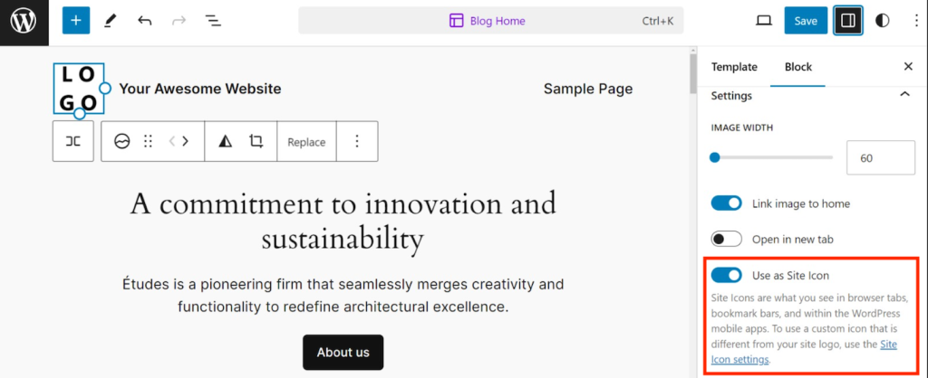 Verwenden Sie die Umschaltfunktion für das Website-Icon im Gutenberg-Website-Editor.