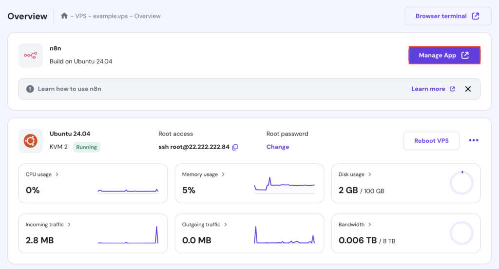 Die Schaltfläche „App verwalten“ auf der VPS-Übersichtsseite von hPanel