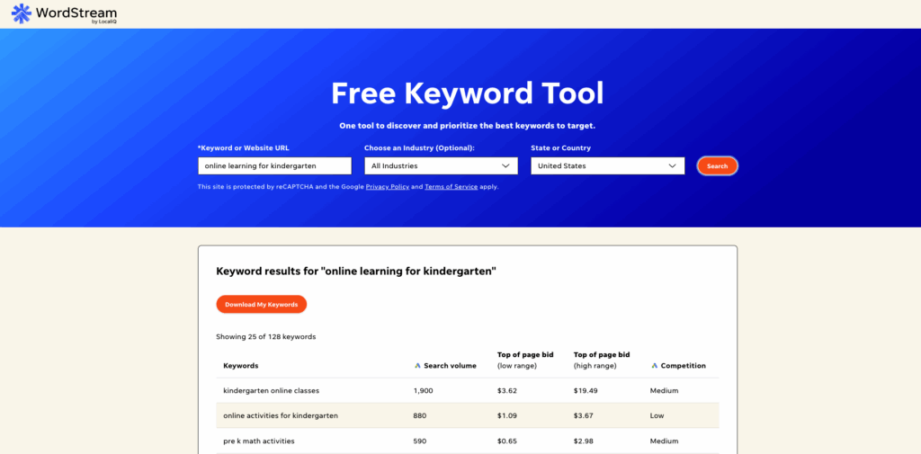 WordStream-Keyword-Ergebnisse