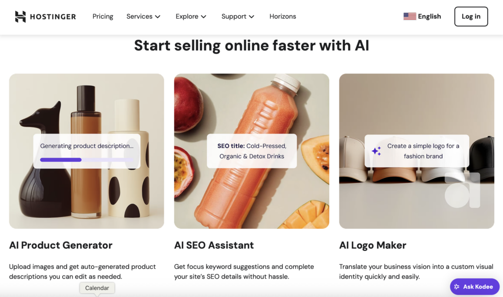 Die Funktionen des Onlineshop-Website-Baukastens von Hostinger, wobei einige der Optionen hervorgehoben werden, die ein solches Tool bieten kann.
