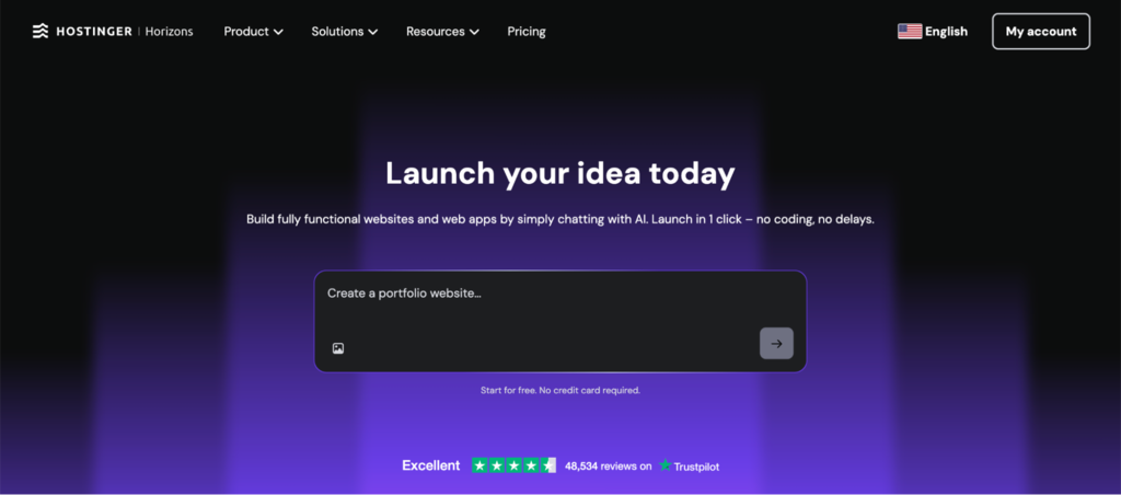 Startseite von Hostinger Horizons