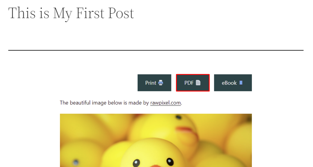 Der Knopf zum Umwandeln eines WordPress-Beitrags in eine PDF-Datei ist oben auf der Seite.