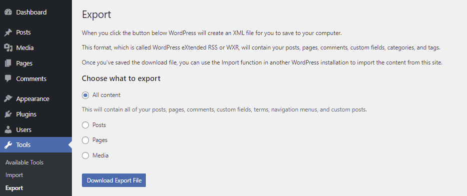 Das eingebaute Export-Tool von WordPress