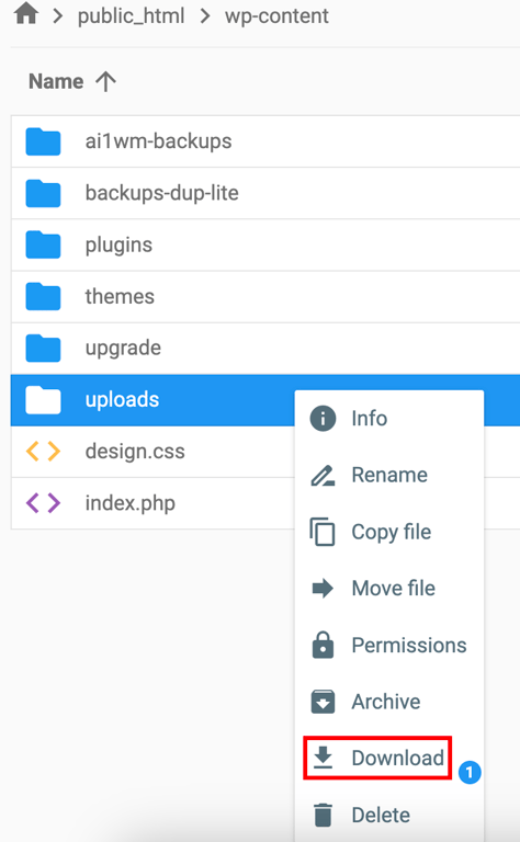 Lade den Ordner „Uploads” im Verzeichnis „wp-content” über den Dateimanager von Hostinger runter.