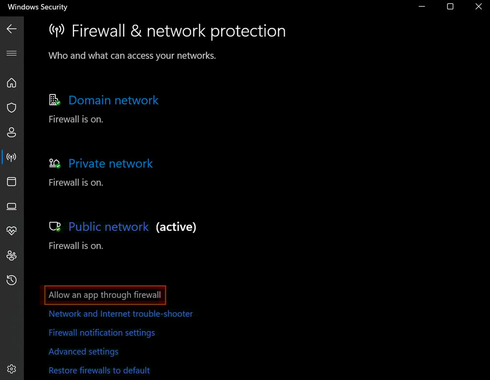 Firewall- und Netzwerkschutz mit der Option „Zugriff von App durch Firewall zulassen“