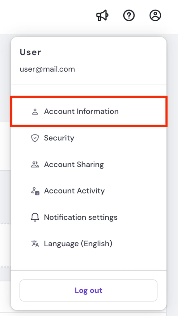 Das Dropdown-Menü für Konten in hPanel, wobei die Schaltfläche „Account Information“ (Kontoinformationen) markiert ist