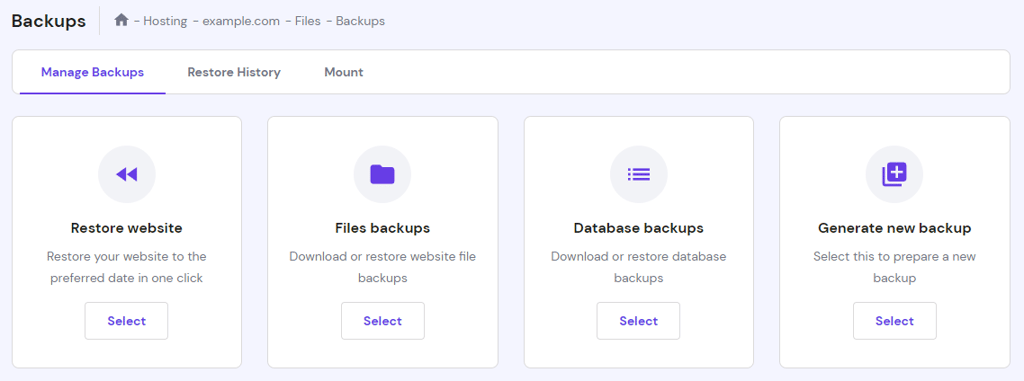 Der Abschnitt „Backups“ im hPanel