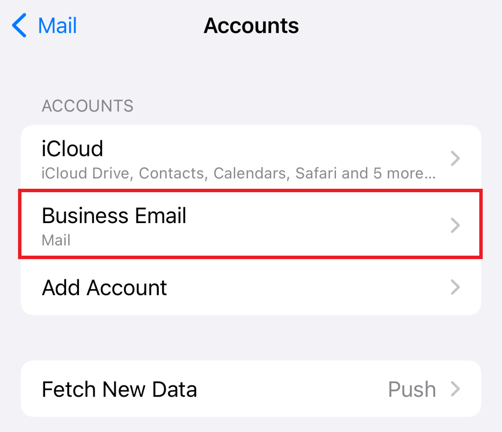 Eine Liste der synchronisierten Konten auf dem iPhone, in der das neu erstellte E-Mail-Konto hervorgehoben ist