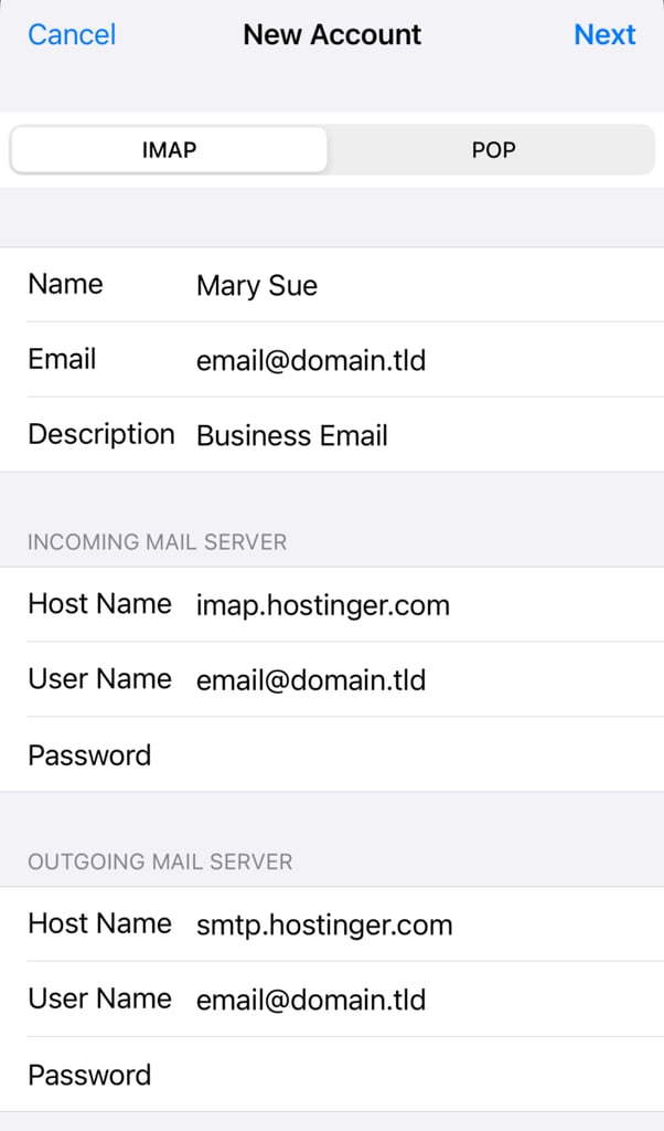 Hinzufügen von E-Mail-Server-Einstellungen, um ein neues E-Mail-Konto auf dem iPhone zu erstellen