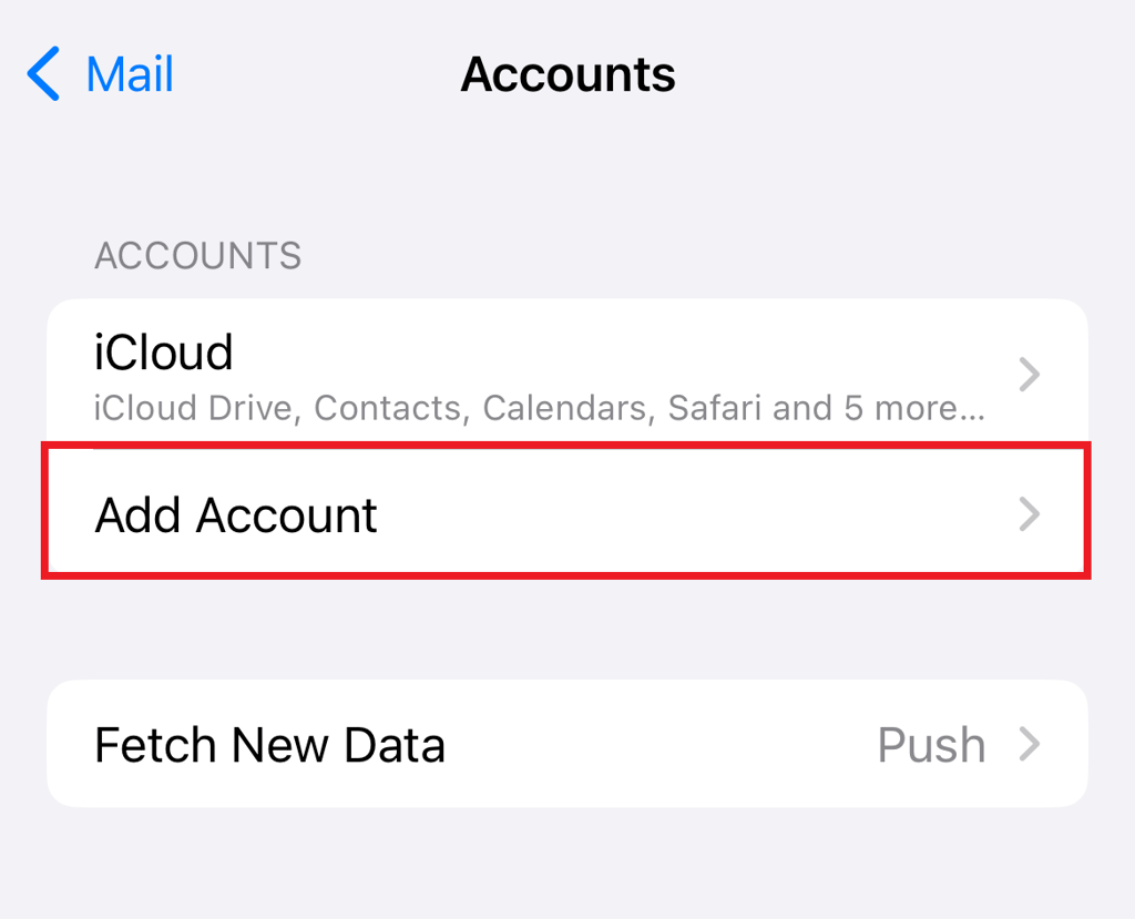 Die Benutzeroberfläche für E-Mail-Konten auf dem iPhone mit der Option „Konto hinzufügen“