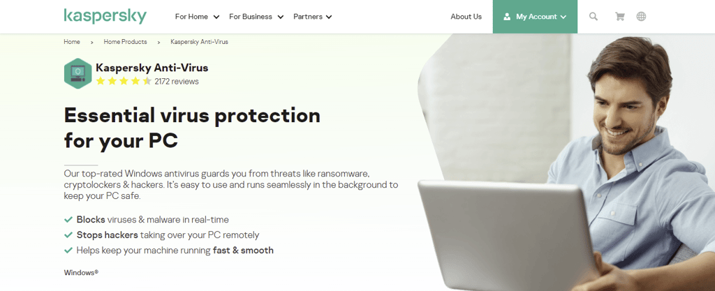 Die Homepage von Kaspersky mit der Antivirensoftware für Windows